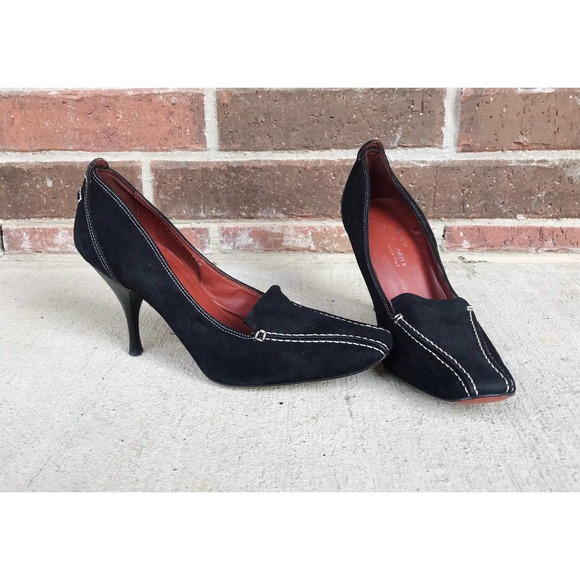 vtg 90s black SUEDE Donald J Pliner STILETTO HEELS 7.5 couture Italy square toe - Picture 3 of 10